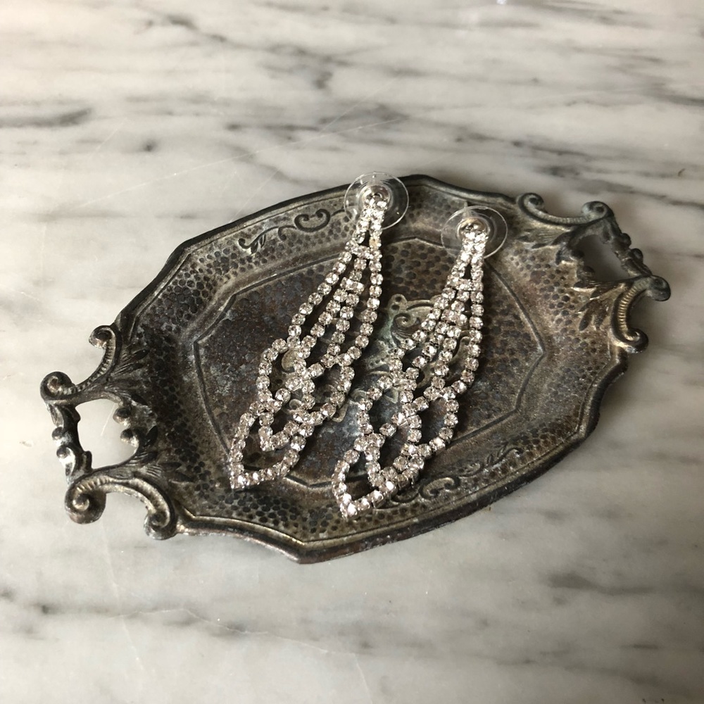 Sparkly Silver Rhinestone Post Chandelier Earrings
